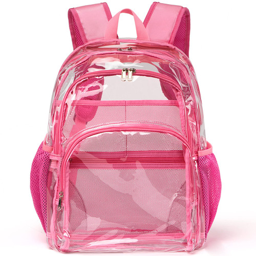 KUI WAN Clear Backpack, Clear Bag Stadium Approved Large Clear Backpack Heavy Duty PVC Transparent Clear Bag for Stadium,School,Pink