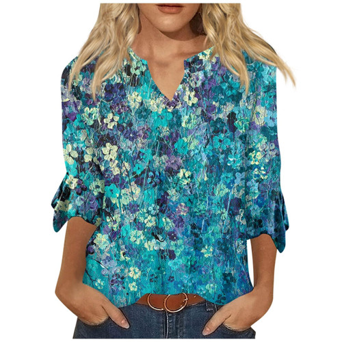 Custom T Shirts, Womens Plus Size Shirts Womens Tops 3/4 Sleeve Shirts for Women Pattern Print Graphic Tees Blouses Casual Plus Size Basic Tops Pullover Womens Fitted Shirts Women's (2-Blue,XX-Large)