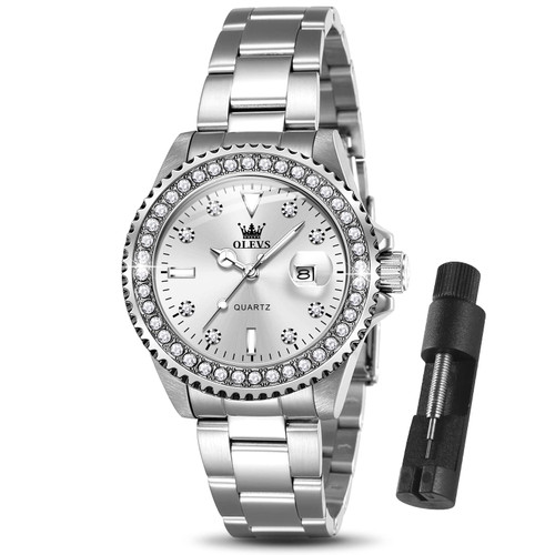 OLEVS Womens Watch Silver Women's Watches Small Wrist Ladies Diamond Classic Stainless Steel Dress Female Watches for Women's Analog Quartz Waterproof Date Wristwatch Luminous Reloj para Mujer