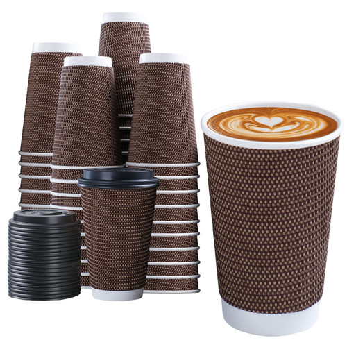 Lamosi 80 Pack 16oz Paper Coffee Cups,Disposable Coffee Cups with Lids Three Layer Insulated Ripple Wall Paper Coffee Cups,for Cold/Hot Drinks (Brown) (LW-16OZ-80-Brown)