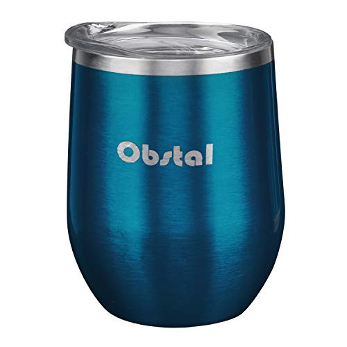 Obstal 12 oz Stemless Wine Tumbler, Stainless Steel Wine Glass with Clear Lid - Double Wall Vacuum Insulated Tumbler for Wine, Coffee, Blue
