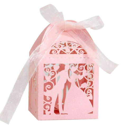 Surakey Laser Cut Boxes, 50pcs Thank You Gift Boxes with Ribbons Silhouette Paper Favor Boxes Hollow Out Candy Boxes for Wedding Bridal Shower Baby Shower Birthday Party Decorations (Pink)