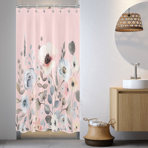 LB Watercolor Floral Shower Curtain for Bathroom,Blue Wildflower and Country Botanical on Pink Fabric Shower Curtain with Hooks,Spring Nature Bathroom Curtains Shower Set, 48x68 inches