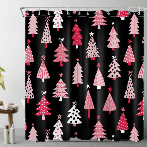 LB Black Christmas Shower Curtain Decor, Pink Red Xmas Tree Modern Abstract Geometric Shower Curtain for Bathroom 72Wx72L Inch Polyester Fabric Bathroom Decoration Bath Curtains Hooks Included