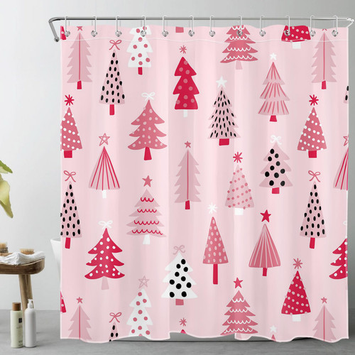 LB Pink Christmas Shower Curtain Decor, Abstract Xmas Tree Winter Holiday Shower Curtain for Bathroom 72" W x 72" L Polyester Fabric Bathroom Decoration Bath Curtains Hooks Included