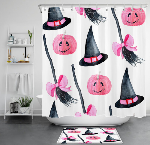 LB Pink Halloween Pumpkin Shower Curtain Sets with Rugs Black Magic Witch Hat and Broom on White Fabric Shower Curtain with Hooks Holiday Bathroom Curtains Shower Set, 72x72 inches LB Pink Halloween Pumpkin Shower Curtain Sets with Rugs Black Magic Witch Hat and Broom on White Fabric Shower Curtain with Hooks Holiday Bathroom Curtains Shower Set, 72x72 inches