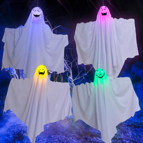4 Pack Ghost Halloween Decorations Outdoor-30 Inch LED Light Up White Ghost Hanging Decorations for Halloween Indoor Outdoor Tree Yard Porch Glow in The Dark Flying Ghost Decor Supplies