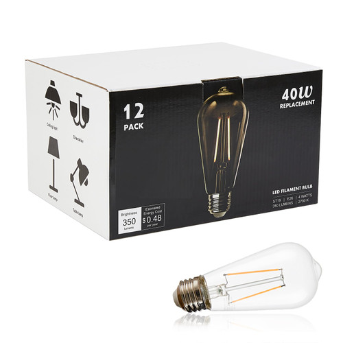 winsaLED 12 Pack LED Edison Bulbs 40 Watts Equivalent, 4 Watt LED Vintage Light Bulb, 2700K Soft White ST19 Light Bulb, 350LM E26 Base for Light Fixtures