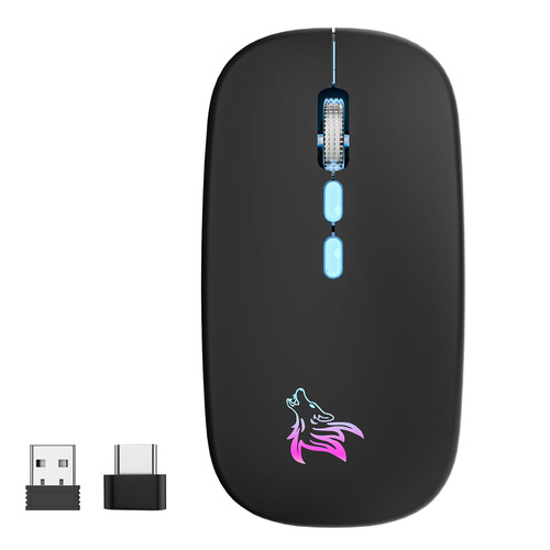 HOTLIFE LED Wireless Mouse, Slim Rechargeable Silent Portable USB Optical 2.4G Wireless Bluetooth Two Mode Computer Mice with USB Receiver and Type C Adapter -Black
