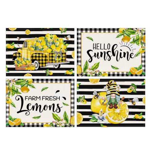 Hexagram Lemon Placemats-Lemon Placemats Set of 4-Lemon Kitchen Decor Burlap Table Placemats for Kitchen Dinner Indoor-Spring Summer Yellow Place Mats 12x18 Inch for Dining Table Decorations