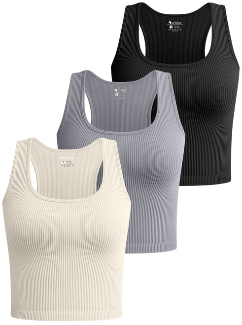 OQQ Women's 3 Piece Crop Tank Shirt Ribbed Seamless Workout Sleeveless Racerback, Black Grey Beige, Medium