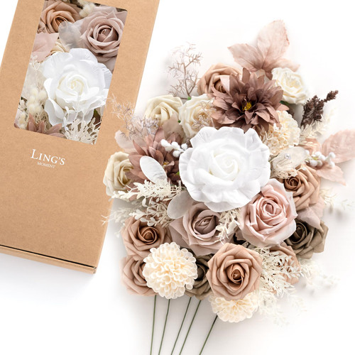 Ling's Moment Artificial Flowers and Greenery Combo Box Set, 38pcs Beige Winter Theme Decoration for DIY Wedding Bouquets Centerpieces and Floral Arrangements