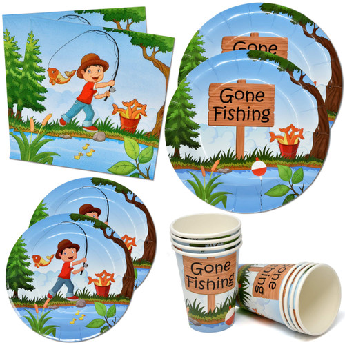 Little Fisherman Gone Fishing Party Supplies Tableware Set 24 9" Paper Dinner Plates 24 7" Dessert Plate 24 9 Oz Cups 50 Lunch Napkin for Kids Camping Fish Tournament Themed Baby Shower Birthday Decor Little Fisherman Gone Fishing Party Supplies Tableware Set 24 9" Paper Dinner Plates 24 7" Dessert Plate 24 9 Oz Cups 50 Lunch Napkin for Kids Camping Fish Tournament Themed Baby Shower Birthday Decor