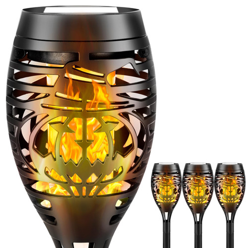 Liveasily 4 Pack Solar Torch Light with Flickering Flame, Outdoor Waterproof Solar Pumpkin Halloween Lights Decorations, Solar Torches Jack-O-Lantern Path Lights for Halloween Decor