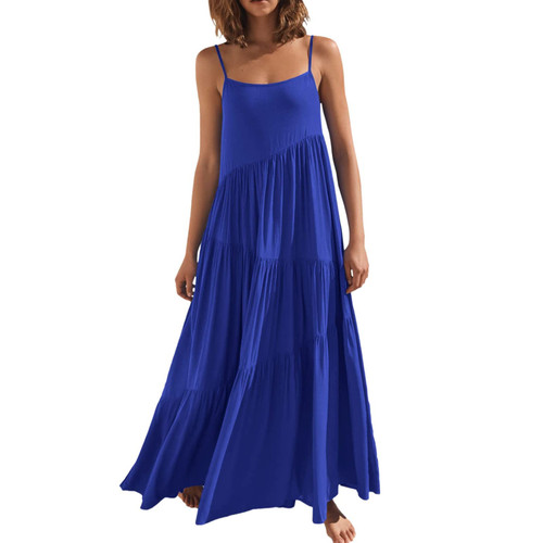 Summer Dress Women's Maxi Dresses Casual Boho Sleeveless Sundress Spaghetti Strap Asymmetric Tiered Beach Long Dress Women's Casual Loose Short Sleeve Lon Summer Beach Swing Dress Dark Blue