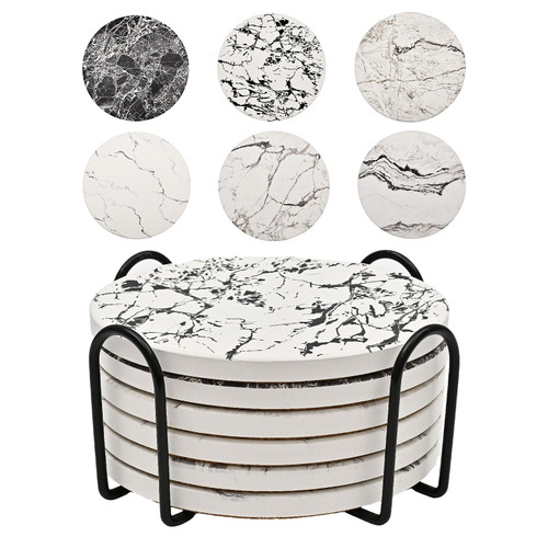 Diketone Marble Style Coasters for Drinks, Set of 6 Absorbent Coasters with Holder, Drink Coasters for Tabletop Protection, Ceramic Coasters for Dining and Coffee Table, 4 Inches