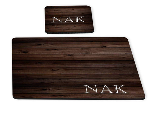 Rustic Wood Initial Monogram 2 piece Personalized Desk Set with Rubber Coaster & Mouse Pad for him