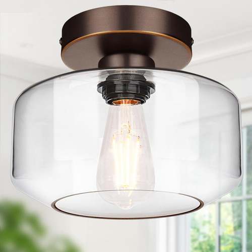 Industrial Semi Flush Mount Ceiling Light Oil-Rubbed Bronze, 800 Lumen LED Bulb Included, Clear Glass Shade Ceiling Light Fixture, Farmhouse Light Fixture for Hallway Kitchen Bathroom Bedroom