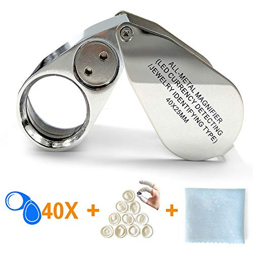 40X Full Metal Illuminated Magnifier, Pocket Folding Jewelers Magnifier with LED and UV Light(LED Currency Detecting/Jewelers Identifying Type Loupe)