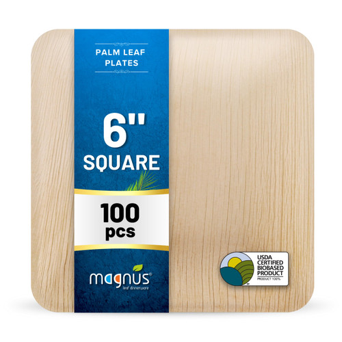 magnus 6 Inch Square Palm Leaf Plates, (100 Pcs) Bamboo Plates Like, Disposable, Compostable & Biodegradable Plates for Dessert, Eco Friendly Plates Alternative to Plastic Plate Paper Plate