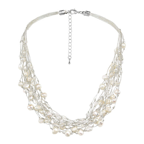 AeraVida Elegant Cultured Freshwater White Pearls & Fashion Crystals on Silk Multi-layered Statement Necklace | White Crystal Necklace | Layered Pearl Necklace AeraVida Elegant Cultured Freshwater White Pearls & Fashion Crystals on Silk Multi-layered Statement Necklace | White Crystal Necklace | Layered Pearl Necklace