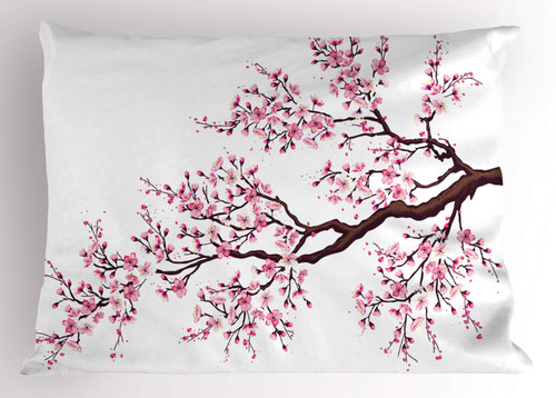 Ambesonne Japanese Pillow Sham, Branch of a Flourishing Sakura Tree Flowers Cherry Blossoms Spring Theme Art, Decorative Standard King Size Printed Pillowcase, 36" X 20", Pink Brown