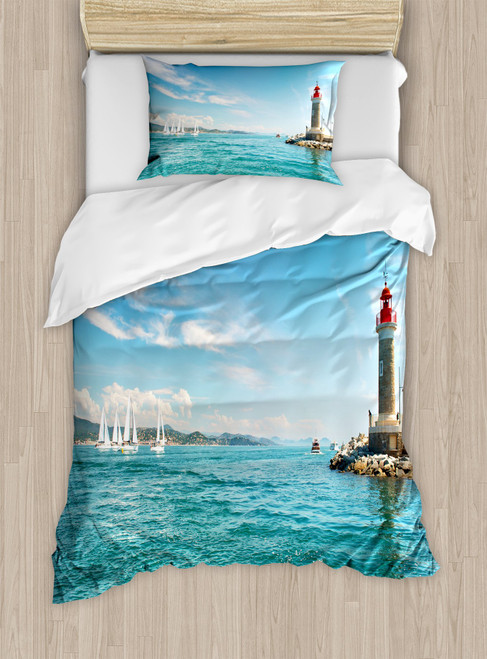 Ambesonne Lighthouse Duvet Cover Set, Day by The Seaside Sailboats Lighthouse Rocks Clear Sea Clouds Island Seascape, Decorative 2 Piece Bedding Set with 1 Pillow Sham, Twin Size, Sky Blue