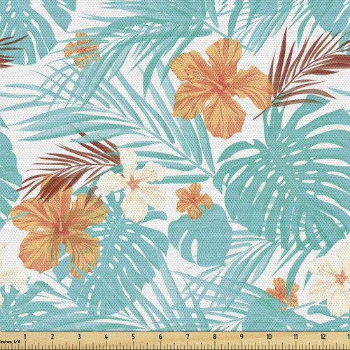 Ambesonne Aloha Fabric by The Yard, Summer Scene of Palm Tree Leaves and Hibiscus Flowers, Decorative Fabric for Upholstery and Home Accents, 3 Yards, Orange Turquoise