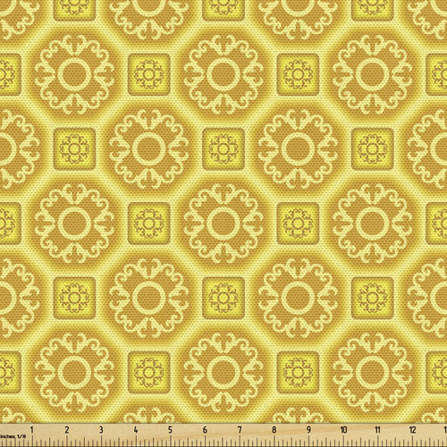 Lunarable Mustard Fabric by The Yard, Middle Eastern Style Baroque Inspired Tiles Portuguese Culture Design, Decorative Fabric for Upholstery and Home Accents, 3 Yards, Yellow