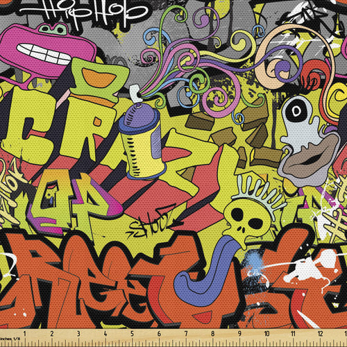 Ambesonne Graffiti Fabric by The Yard, Contemporary Style Hip Hop Funky Grunge Culture Skull Underground Illustration, Decorative Fabric for Upholstery and Home Accents, 3 Yards, Orange