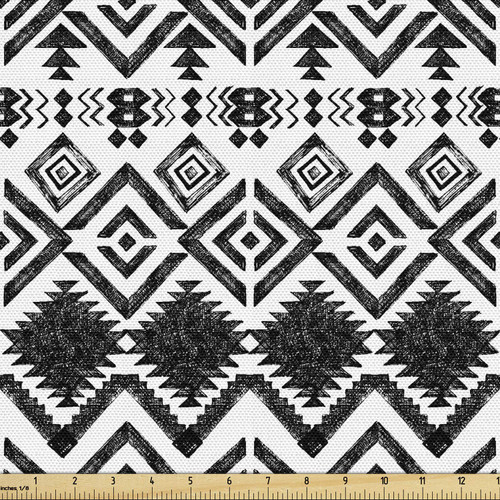 Ambesonne Modern Fabric by The Yard, Geometric Design with Modern Hippie Zig Zags Triangles Squares Print, Decorative Fabric for Upholstery and Home Accents, 3 Yards, Black White