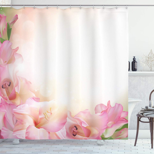 Ambesonne Pink and White Shower Curtain, Orchid Blossoms Corner Ornament on a Dreamy Backdrop Floral Fantasy, Cloth Fabric Bathroom Decor Set with Hooks, 69" W x 70" L, Peach Pink Green