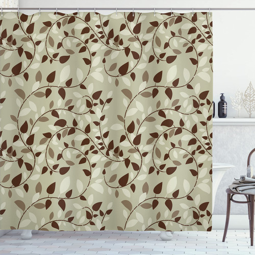 Ambesonne Leaf Shower Curtain, Pattern with Vines Leaves Nature Curvy Branches Plants Garden Floral Illustrated Art, Cloth Fabric Bathroom Decor Set with Hooks, 69" W x 70" L, Beige Brown