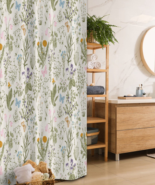 Ambesonne Floral Stall Shower Curtain, Vintage Garden Plants Herbs Flowers Botanical Classic Design, Fabric Bathroom Decor Set with Hooks, 36" W x 72" L, Pink Blue