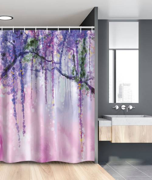 Ambesonne Watercolor Flower Stall Shower Curtain, Wisteria Flowers on Blurred Background with Dreamy Colors, Fabric Bathroom Decor Set with Hooks, 54" W x 78" L, Pink Purple