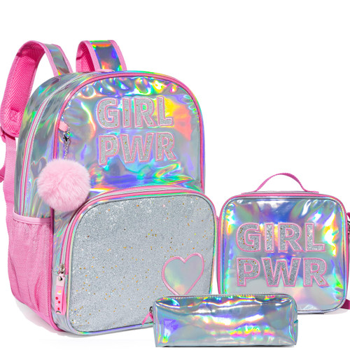 HTgroce Pink Girls Backpack with Lunch Box PWR Preschool Backpack School Bag with Lunch Box Sequin Girls Backpack Set for Elementary Preschool Bookbag Pink