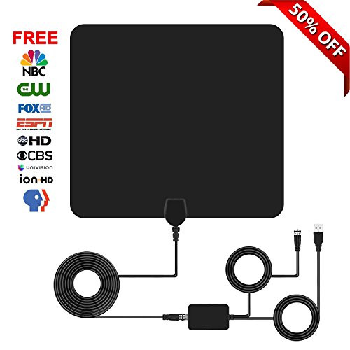TV Antenna, YILIN Indoor Amplified HDTV Antenna 50 Mile Range with Detachable Amplifier Signal Booster USB Power Supply and 16.5FT High Performance Coax Cable- Black