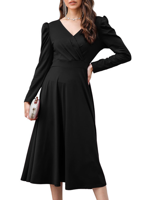 YIJIU Women's Wrap V Neck Puff Long Sleeve A Line Swing Flared Wedding Guest Cocktail Party Midi Dress,Black,XL