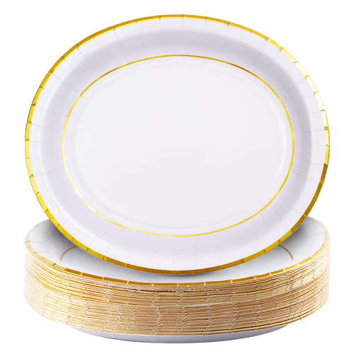 Tyzarglef 50 Count Gold Oval Paper Plates, 10" x 12.5" Large Disposable Dinner Serving Platters Heavy Duty for Thanksgiving Wedding Baby Shower Party Supplies