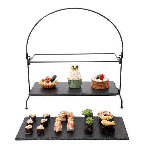 Slate Tiered Serving Tray for Dessert Table Display Set 14.5-inch 2 Tier Large Slate Boards Serving Stand with Serving Platters for Entertraining, Large Serving Platters for Party Food Display Fruit