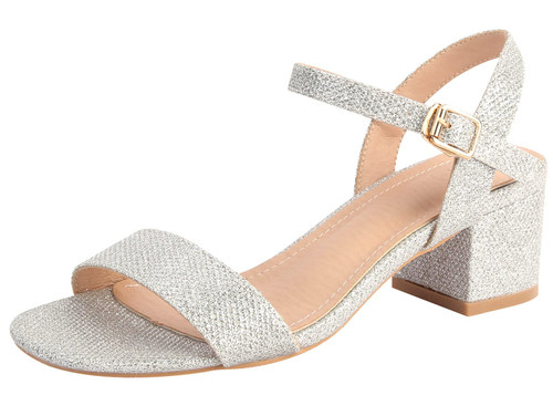 DADAWEN Women's Open Toe Ankle Strap Glitter Low Block Chunky Heels Sandals Dress Pumps Shoes Silver US Size 7.5