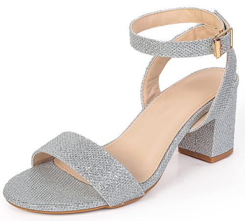 DADAWEN Women's Silver Glitter Open Toe Ankle Strap Low Block Chunky Heels Sandals Party Wedding Bridal Dress Pumps Shoes Silver US Size 8.5