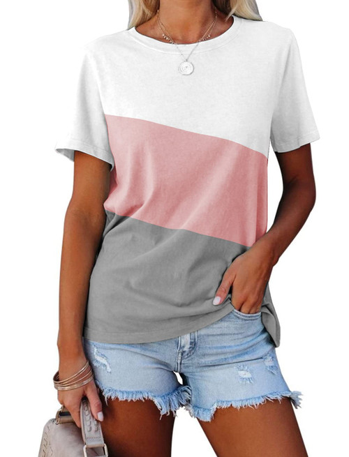 ORANDESIGNE Women's Color Block Short Sleeve T Shirts Casual Crew Neck Tops Basic Summer Loose Fit Tees