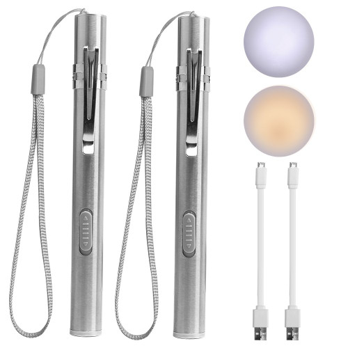 Premium Pen Lights for Nurses USB Rechargeable Nursing Penlight Flashlights 2 Pack White / Yellow Light for Medical Students Doctors Stainless Steel Body (2)