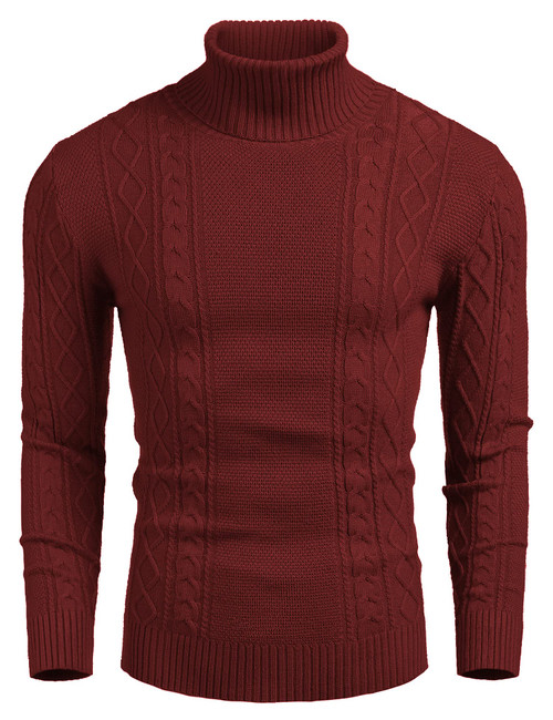 COOFANDY Men's Thermal Turtleneck Sweater Casual Slim Fit Cable Knit Pullover Sweaters Wine Red