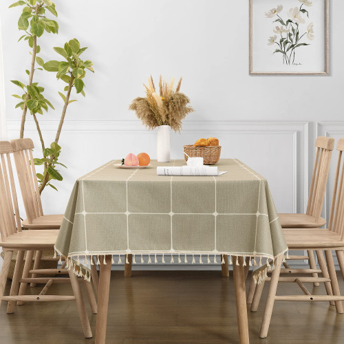 Farmhouse Burlap 6 FT Table Cloth for Rectangle Table Cloth Plaid Faux Linen Rustic Table Cover for Kitchen Dining Taupe Tan Tablecloth Oblong for Dining Table Flax Linen Look Tassel 55x70