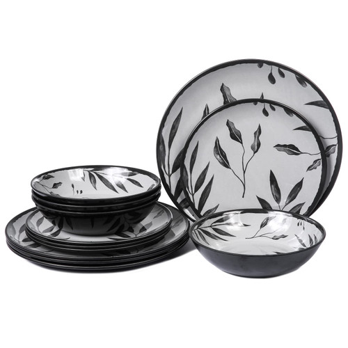 12pcs Melamine Dinnerware Set, Camping Dishes, Dinner Plates and Bowls Set for Picnic RV Use, Unbreakable, Dishwasher Safe