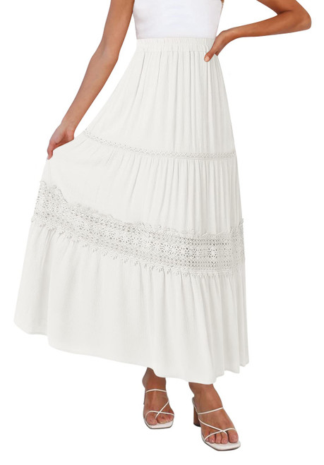 MEROKEETY Women's Boho Elastic High Waist Pleated A-line Ruffle Lace Trim Tiered Midi Maxi Skirt with Pockets,White,L