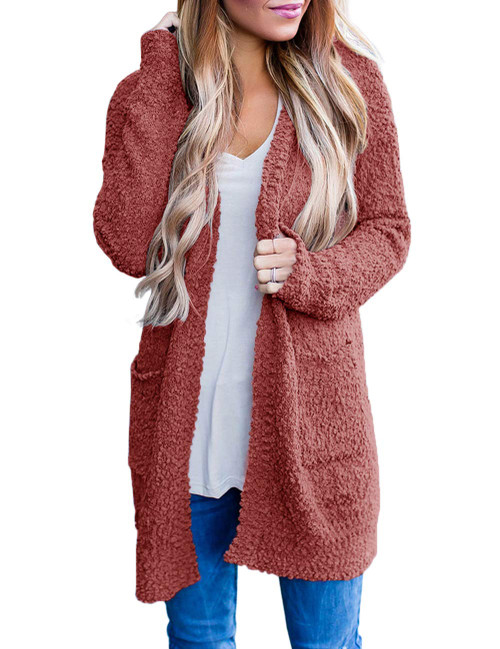 MEROKEETY Women's Long Sleeve Soft Chunky Knit Sweater Open Front Cardigan Outwear Coat, Tea Rose, L