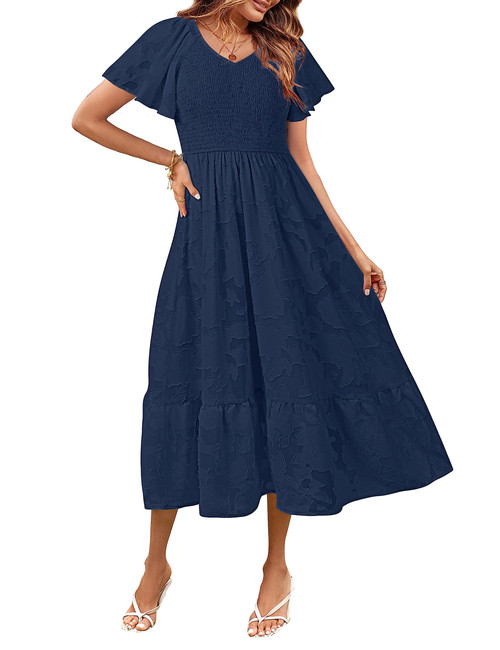 MEROKEETY Womens Summer Floral V Neck Flutter Sleeve Casual Smocked Flowy A-Line Midi Dress,Navy,M